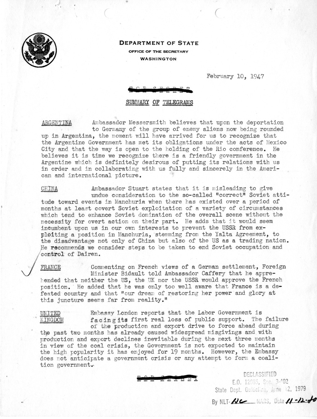 Memorandum, Department of State Summary of Telegrams