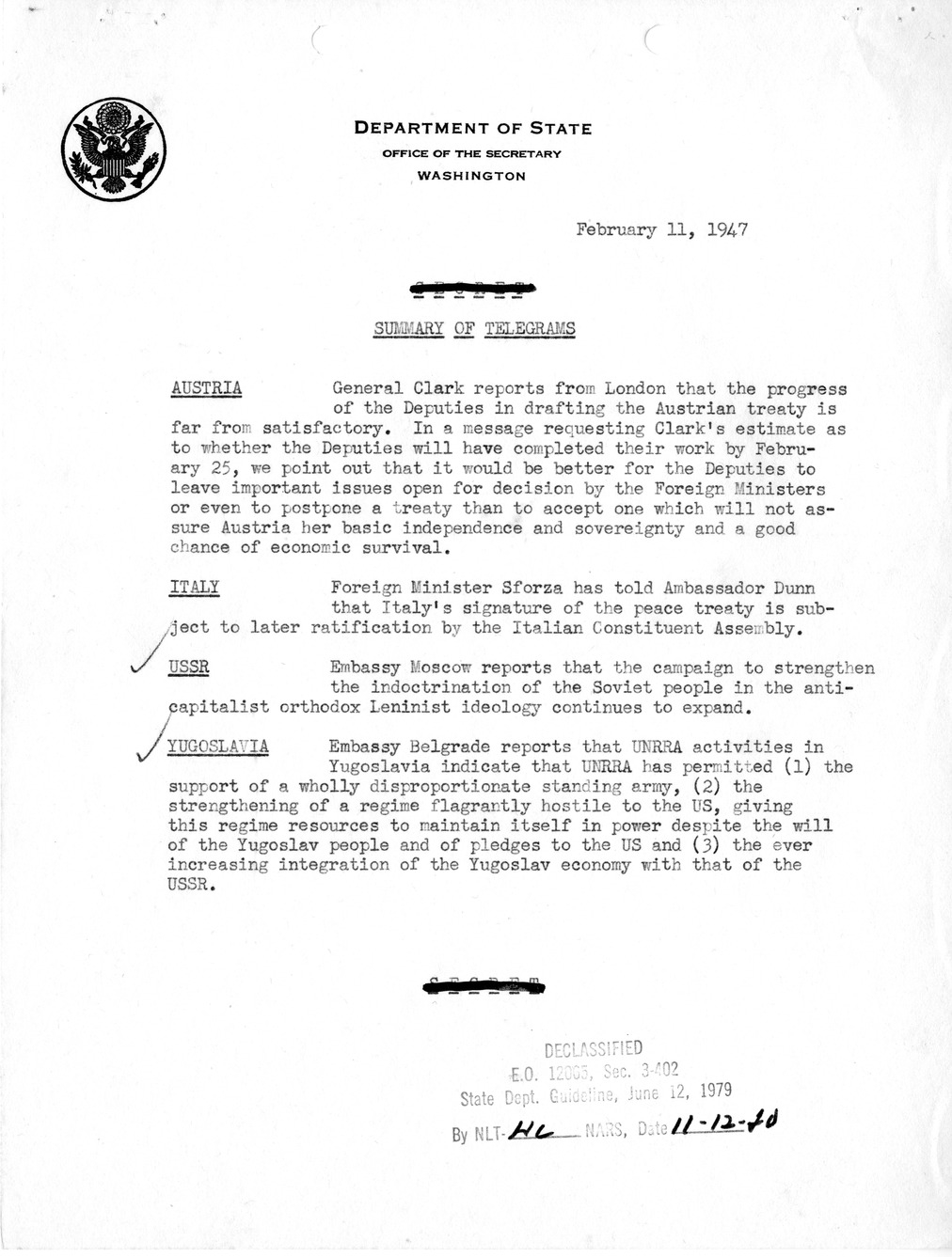 Memorandum, Department of State Summary of Telegrams