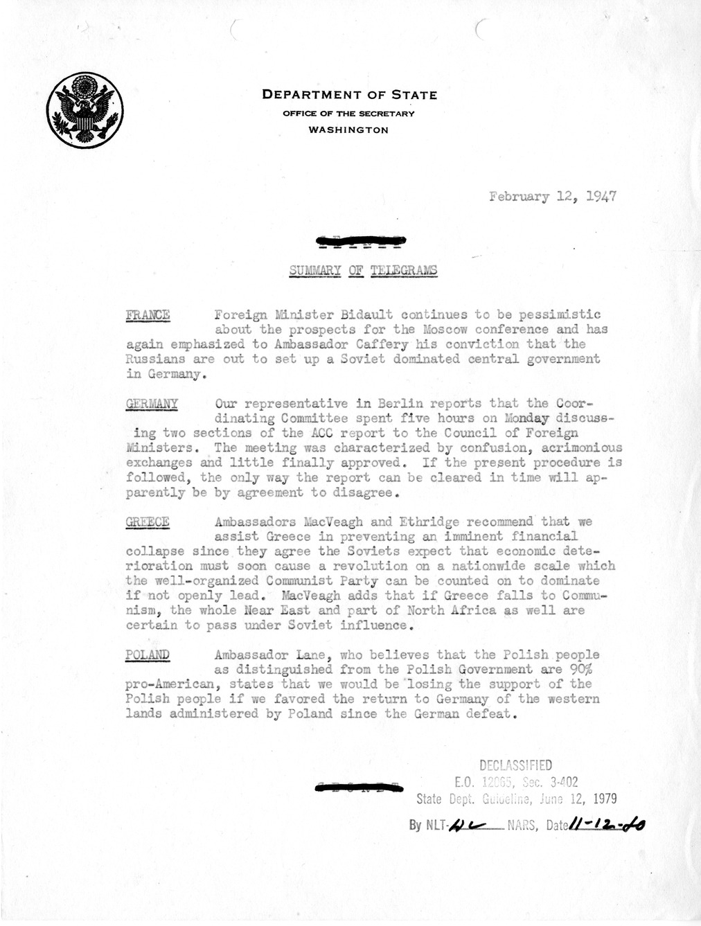 Memorandum, Department of State Summary of Telegrams