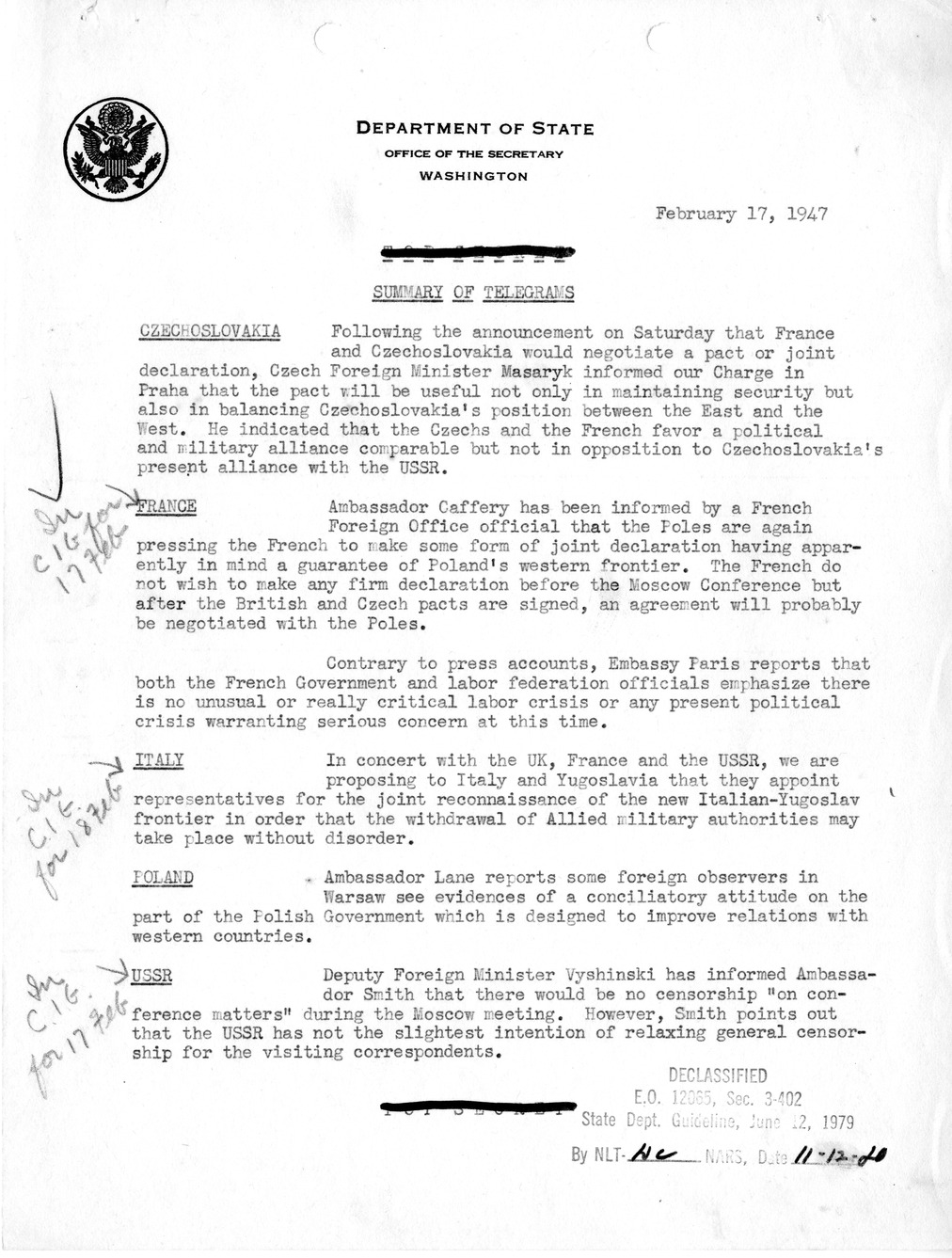 Memorandum, Department of State Summary of Telegrams
