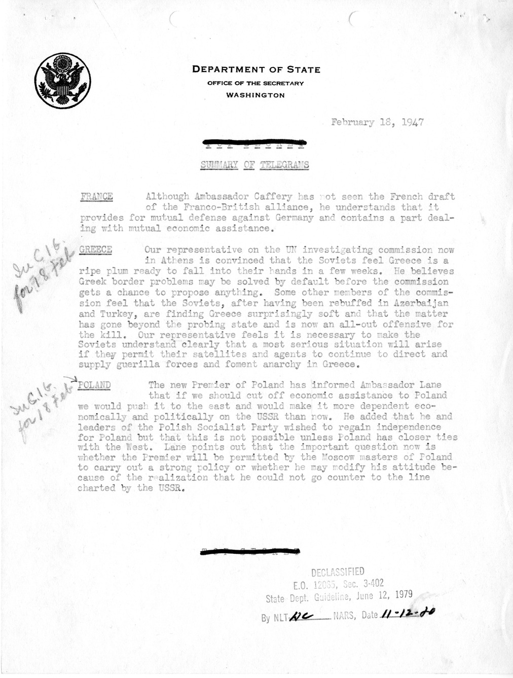 Memorandum, Department of State Summary of Telegrams