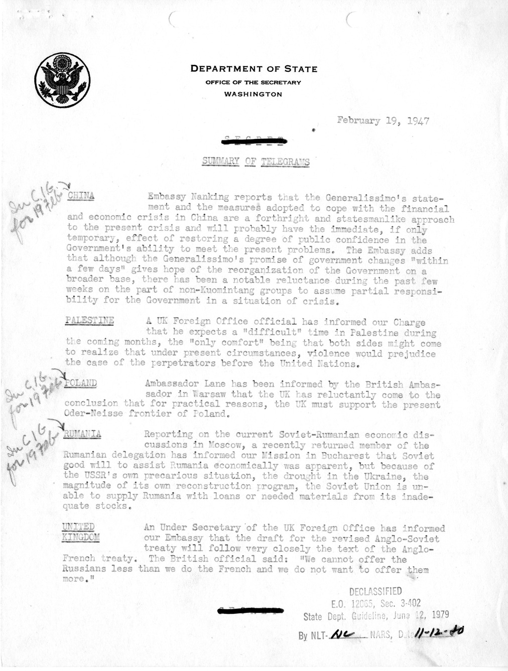 Memorandum, Department of State Summary of Telegrams