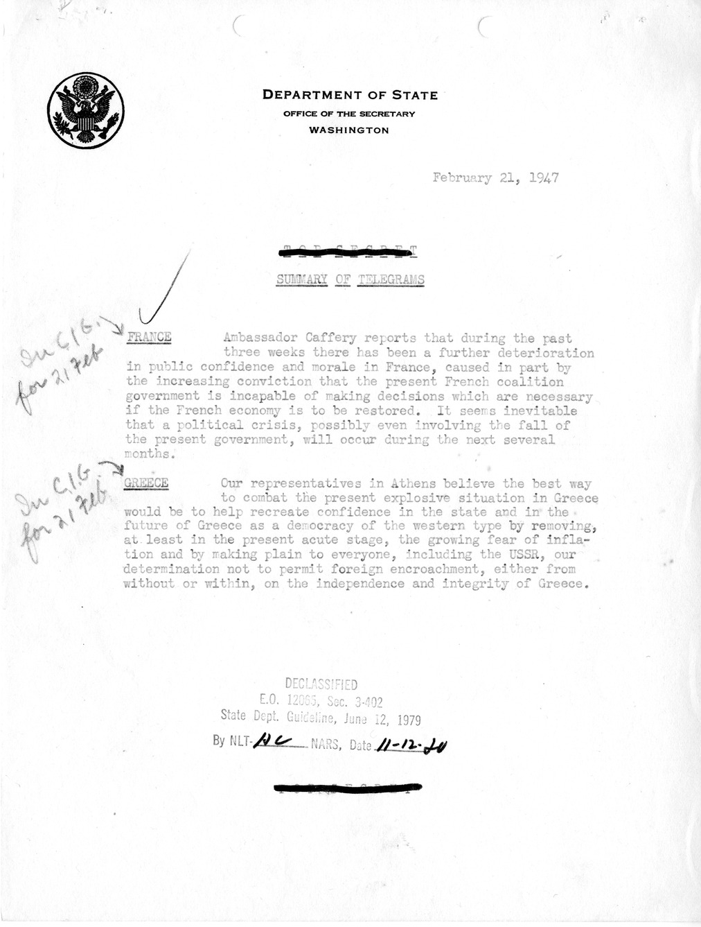 Memorandum, State Department Summary of Telegrams