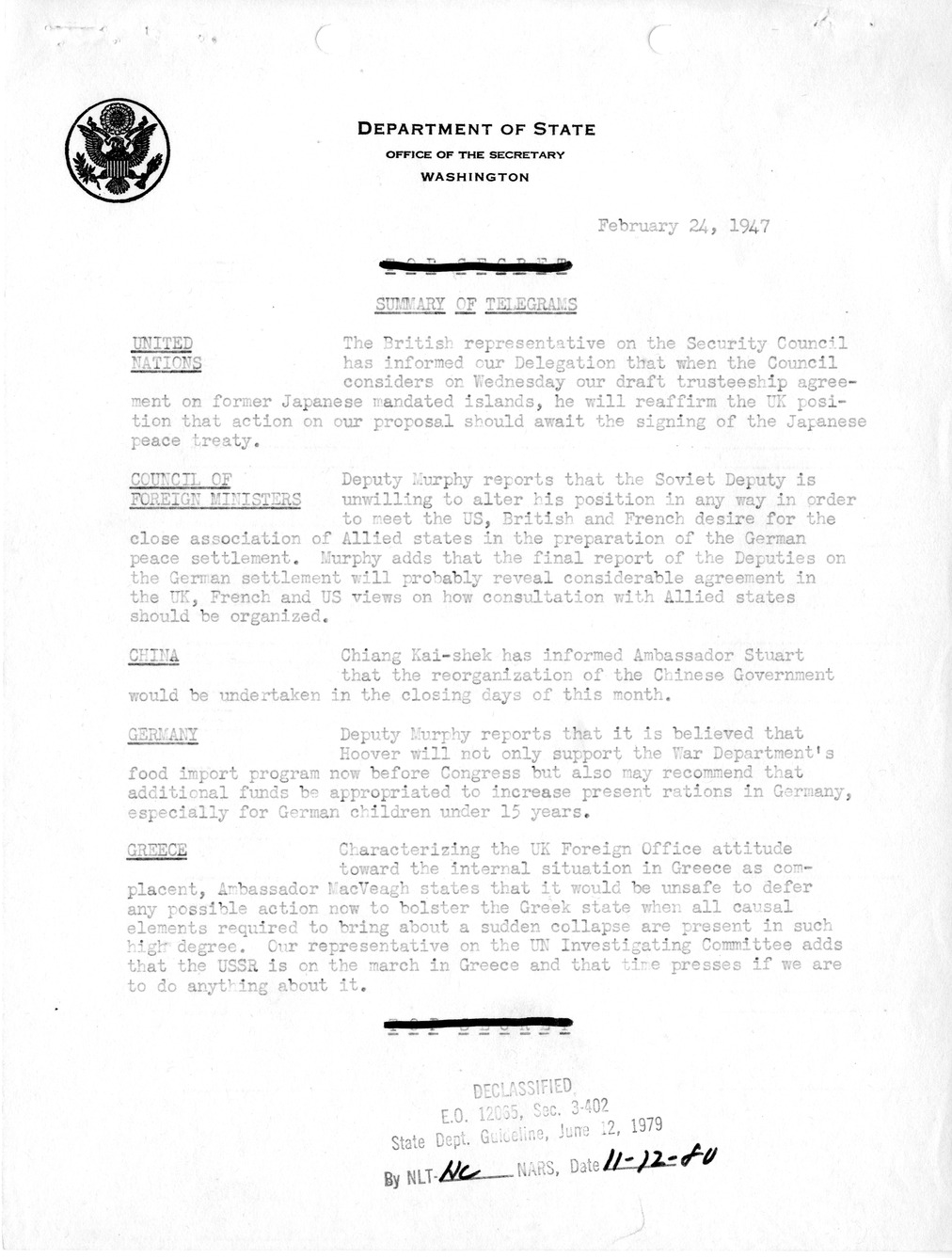 Memorandum, State Department Summary of Telegrams