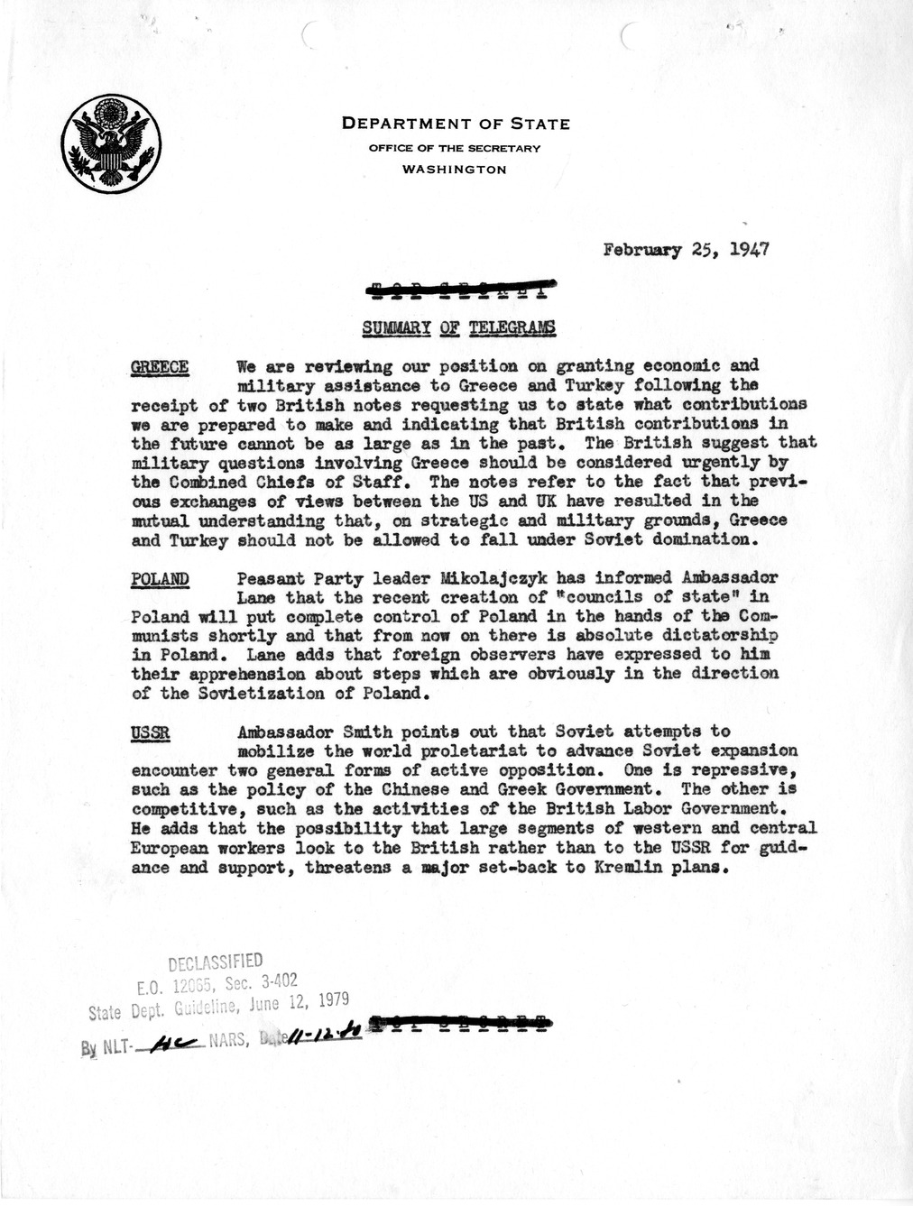 Memorandum, Department of State Summary of Telegrams