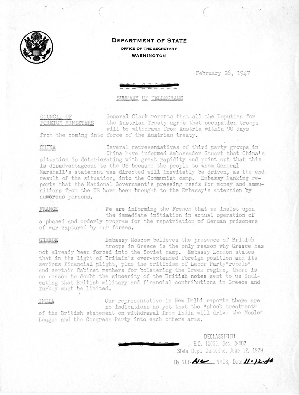 Memorandum, Department of State Summary of Telegrams