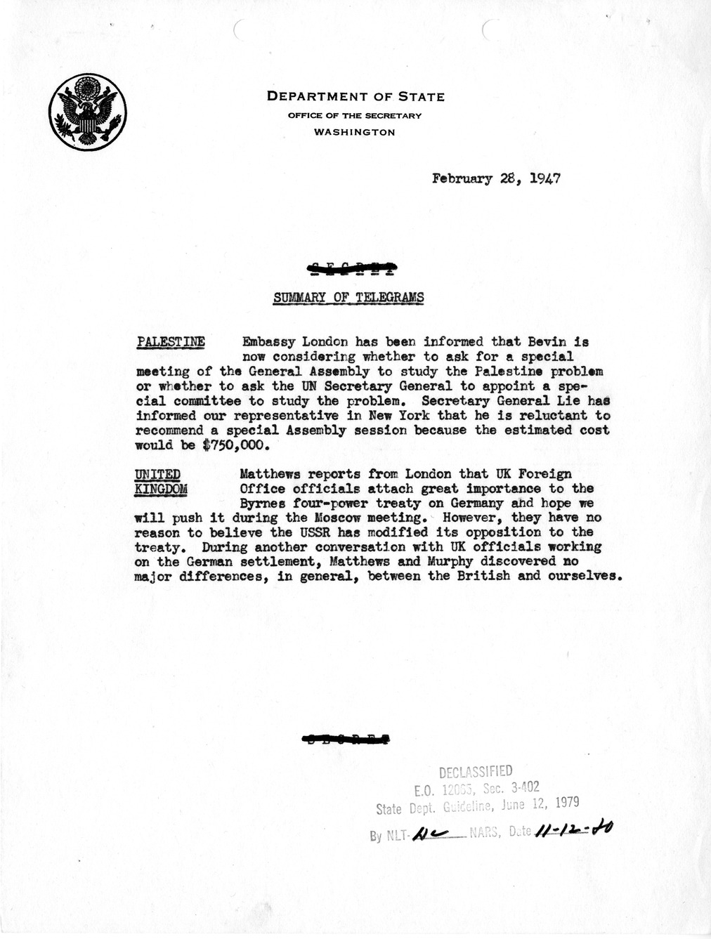 Memorandum, Department of State Summary of Telegrams