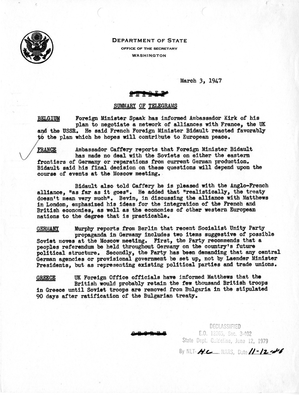Memorandum, State Department Summary of Telegrams