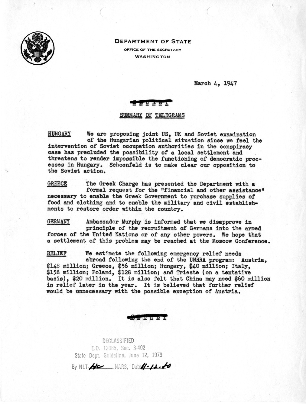 Memorandum, State Department Summary of Telegrams