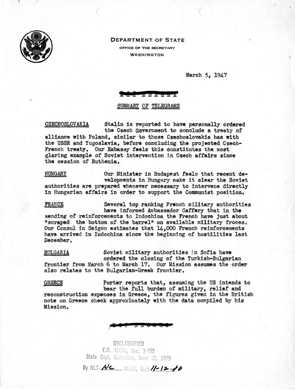 Memorandum, Department of State Summary of Telegrams