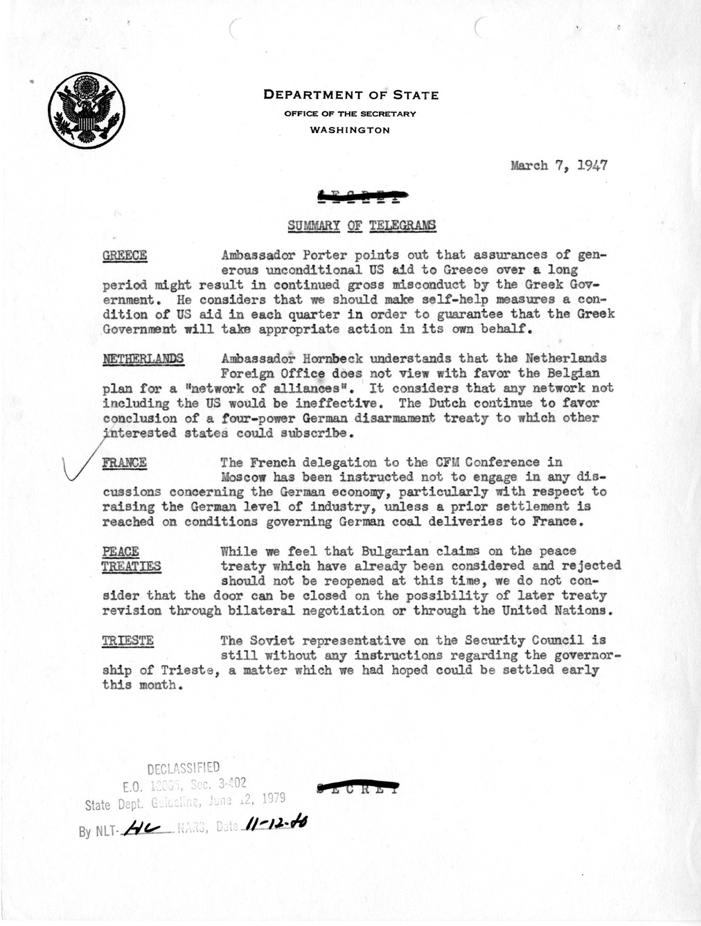 Memorandum, State Department Summary of Telegrams