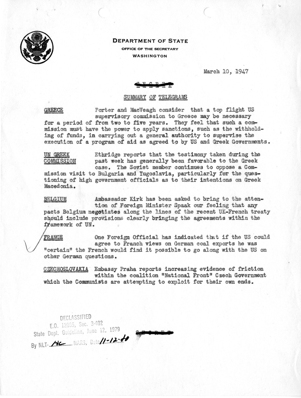 Memorandum, Department of State Summary of Telegrams