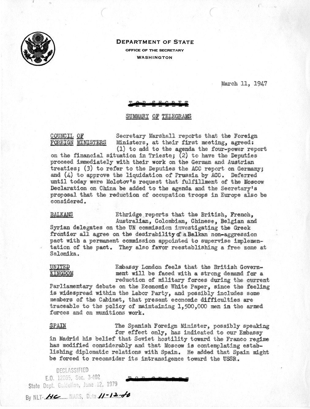 Memorandum, State Department Summary of Telegrams