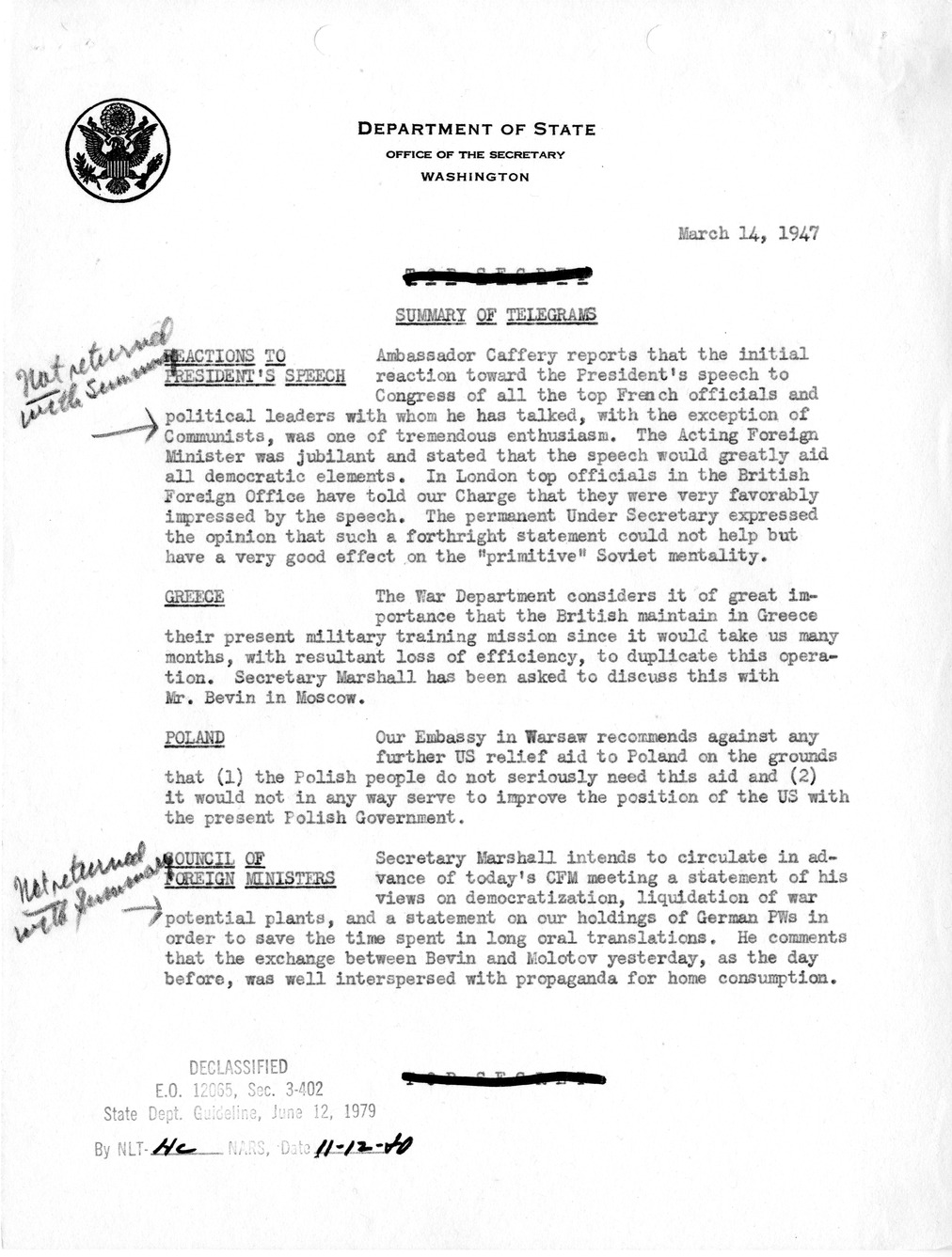 Memorandum, Department of State Summary of Telegrams