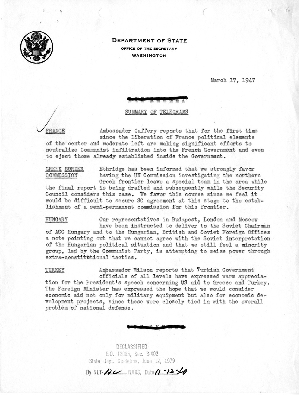 Memorandum, Department of State Summary of Telegrams