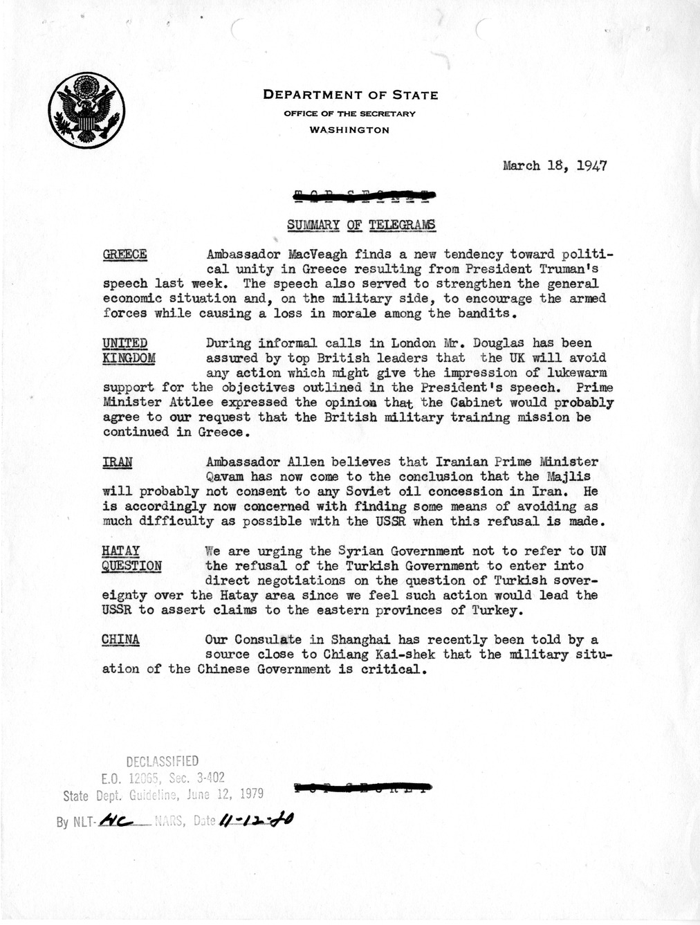 Memorandum, Department of State Summary of Telegrams