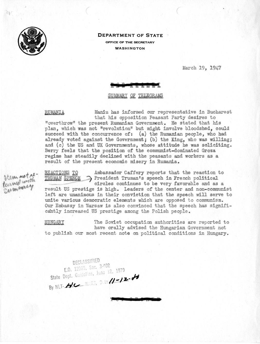 Memorandum, Department of State Summary of Telegrams