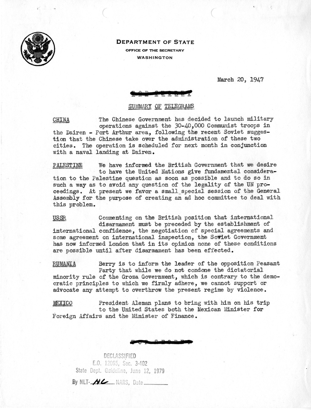 Memorandum, Department of State Summary of Telegrams