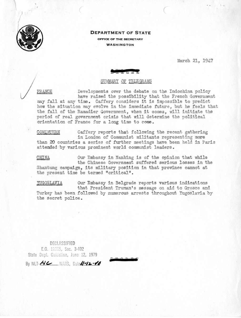 Memorandum, State Department Summary of Telegrams