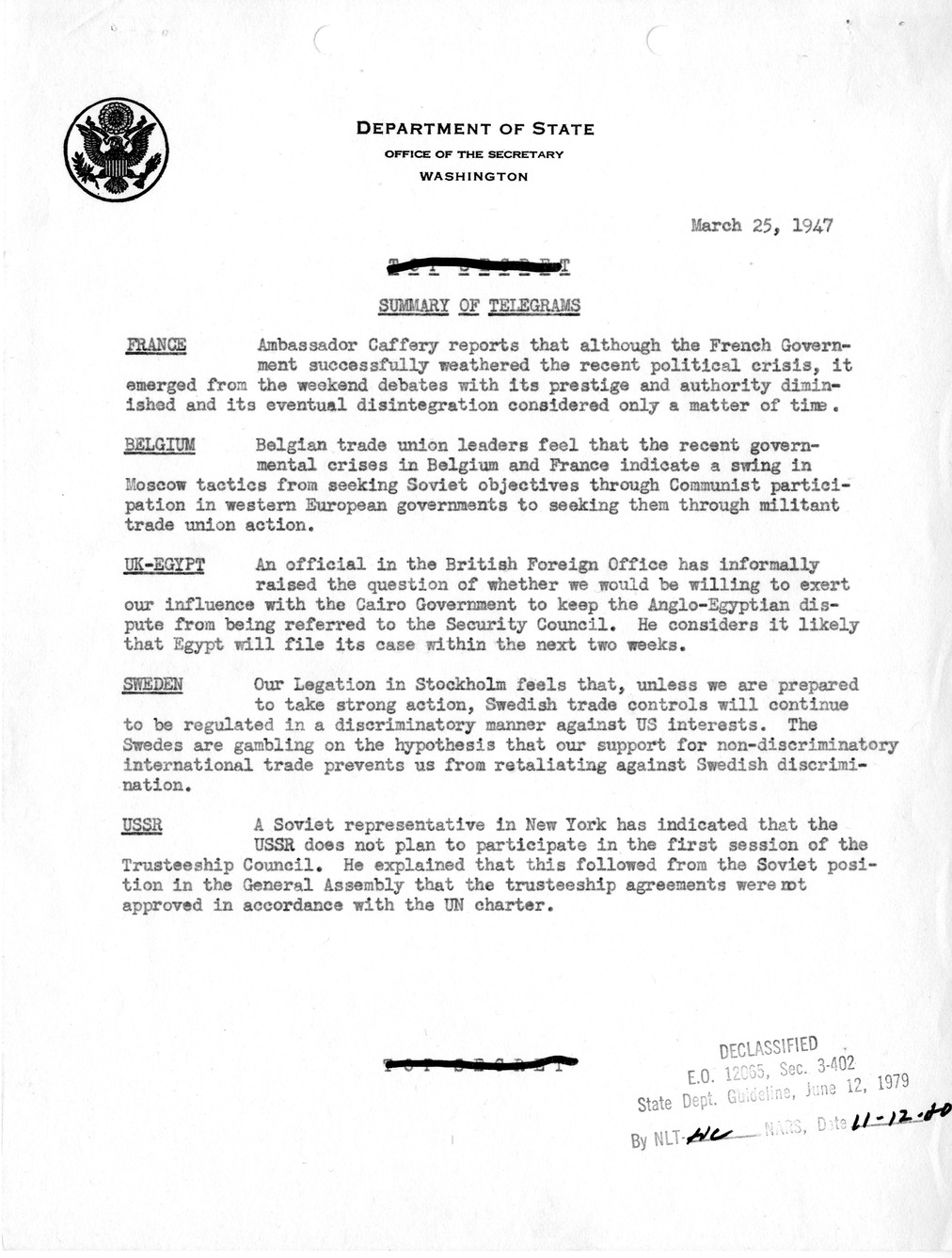 Memorandum, Department of State Summary of Telegrams