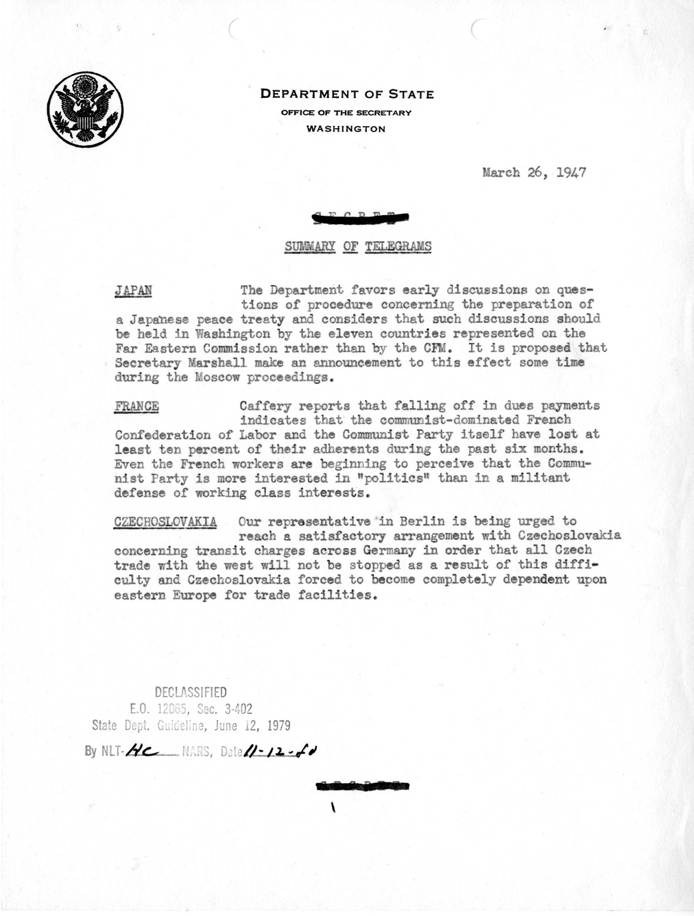 Memorandum, State Department Summary of Telegrams