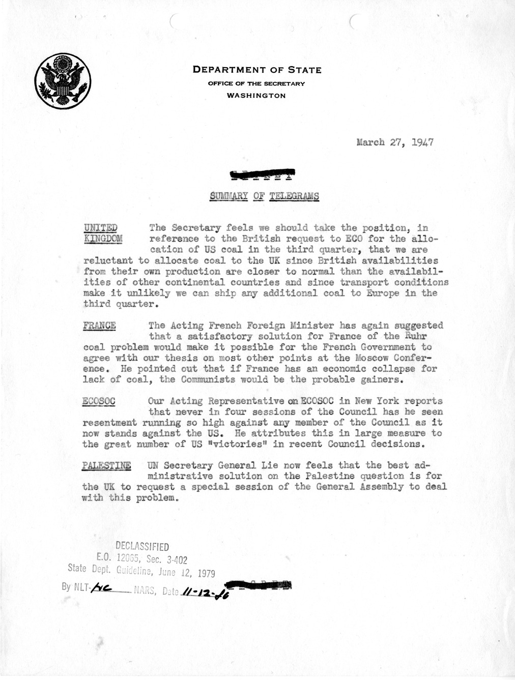 Memorandum, Department of State Summary of Telegrams