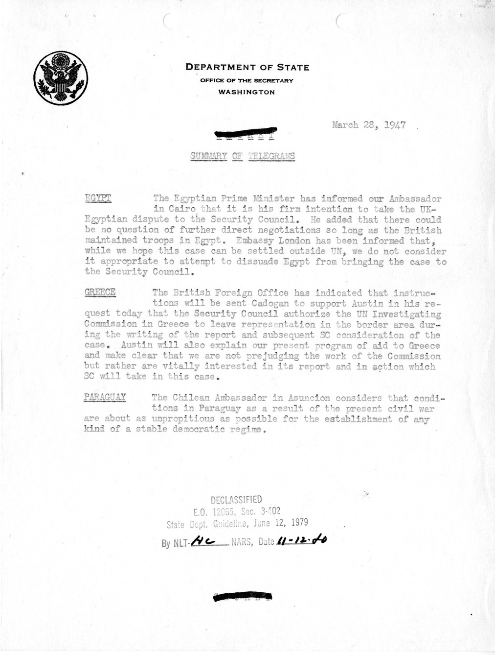 Memorandum, Department of State Summary of Telegrams