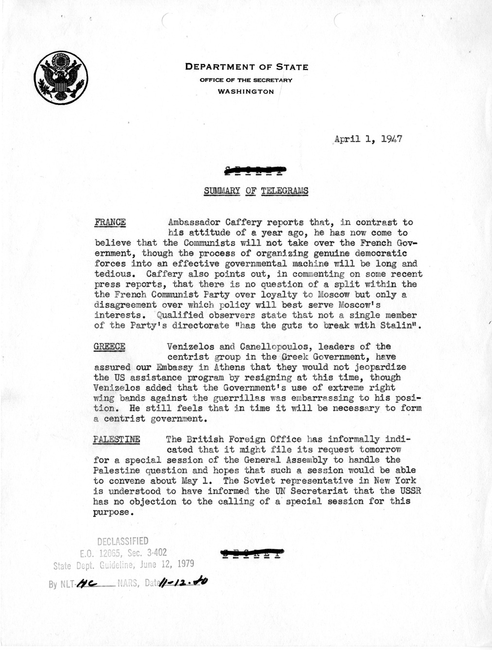 Memorandum, Department of State Summary of Telegrams
