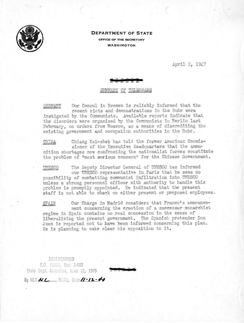 Memorandum, Department of State Summary of Telegrams
