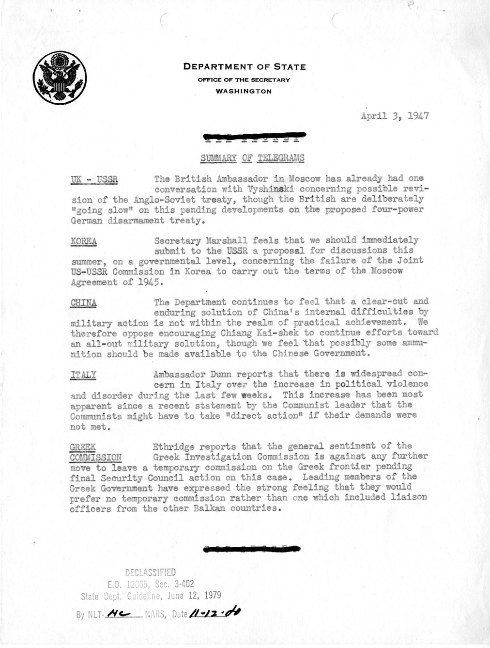 Memorandum, Department of State Summary of Telegrams