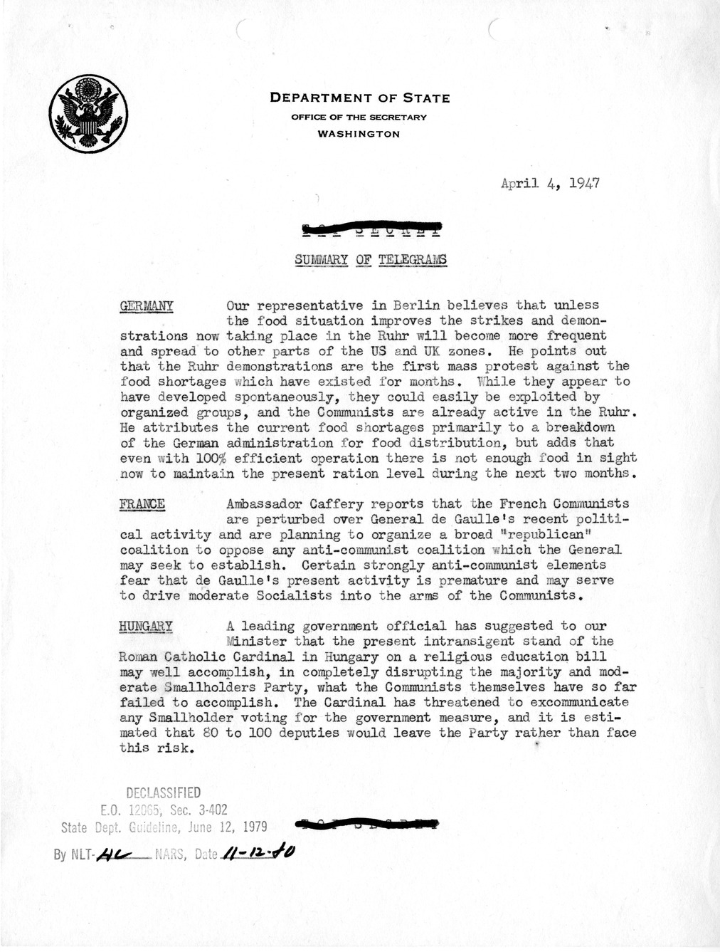 Memorandum, Department of State Summary of Telegrams