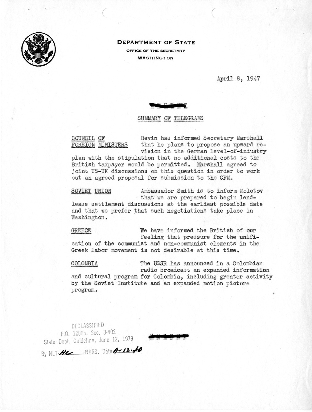 Memorandum, Department of State Summary of Telegrams