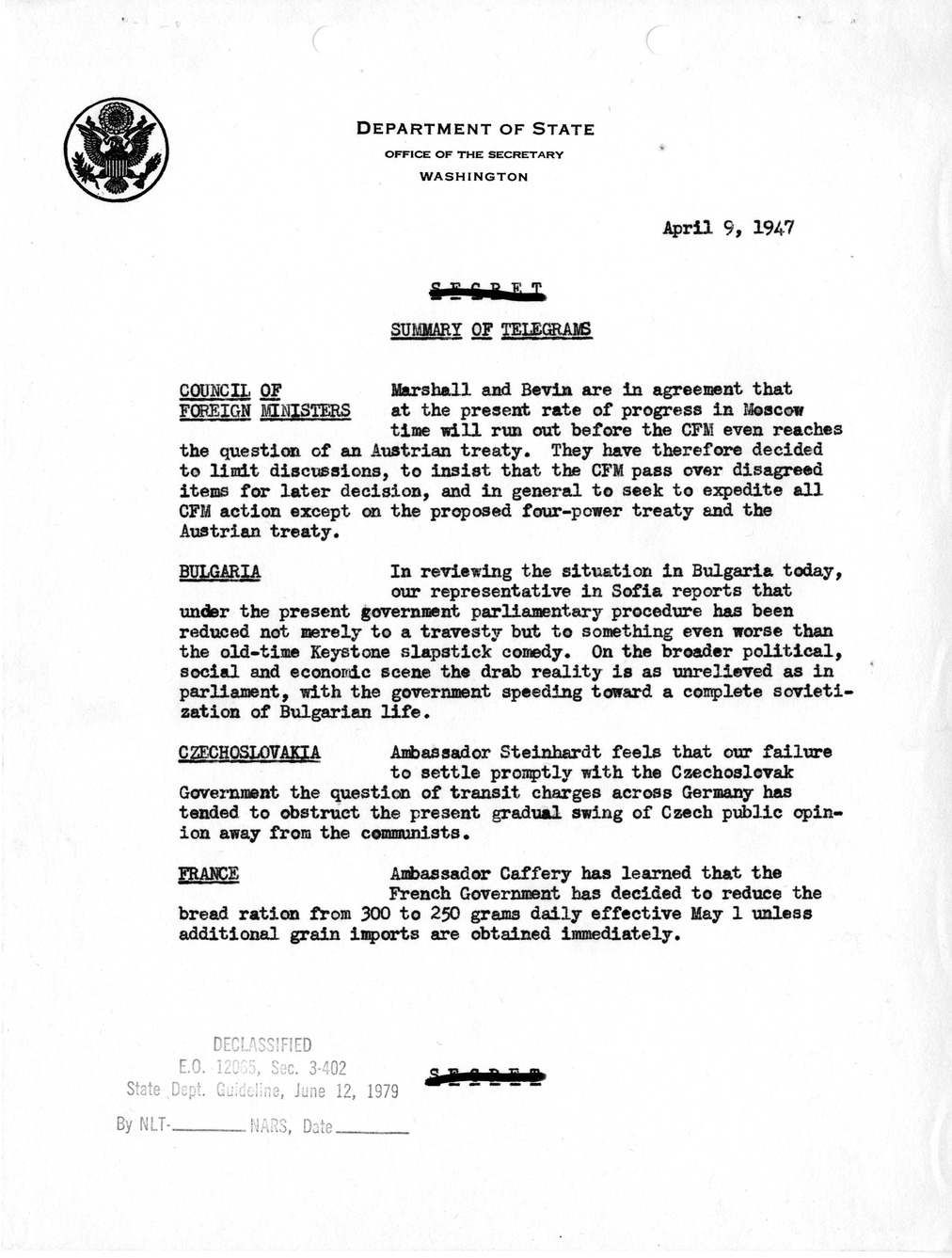 Memorandum, Department of State Summary of Telegrams