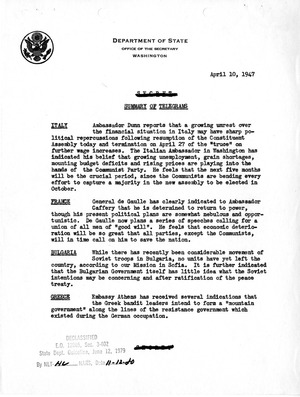 Memorandum, Department of State Summary of Telegrams