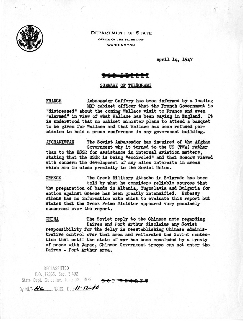 Memorandum, Department of State Summary of Telegrams