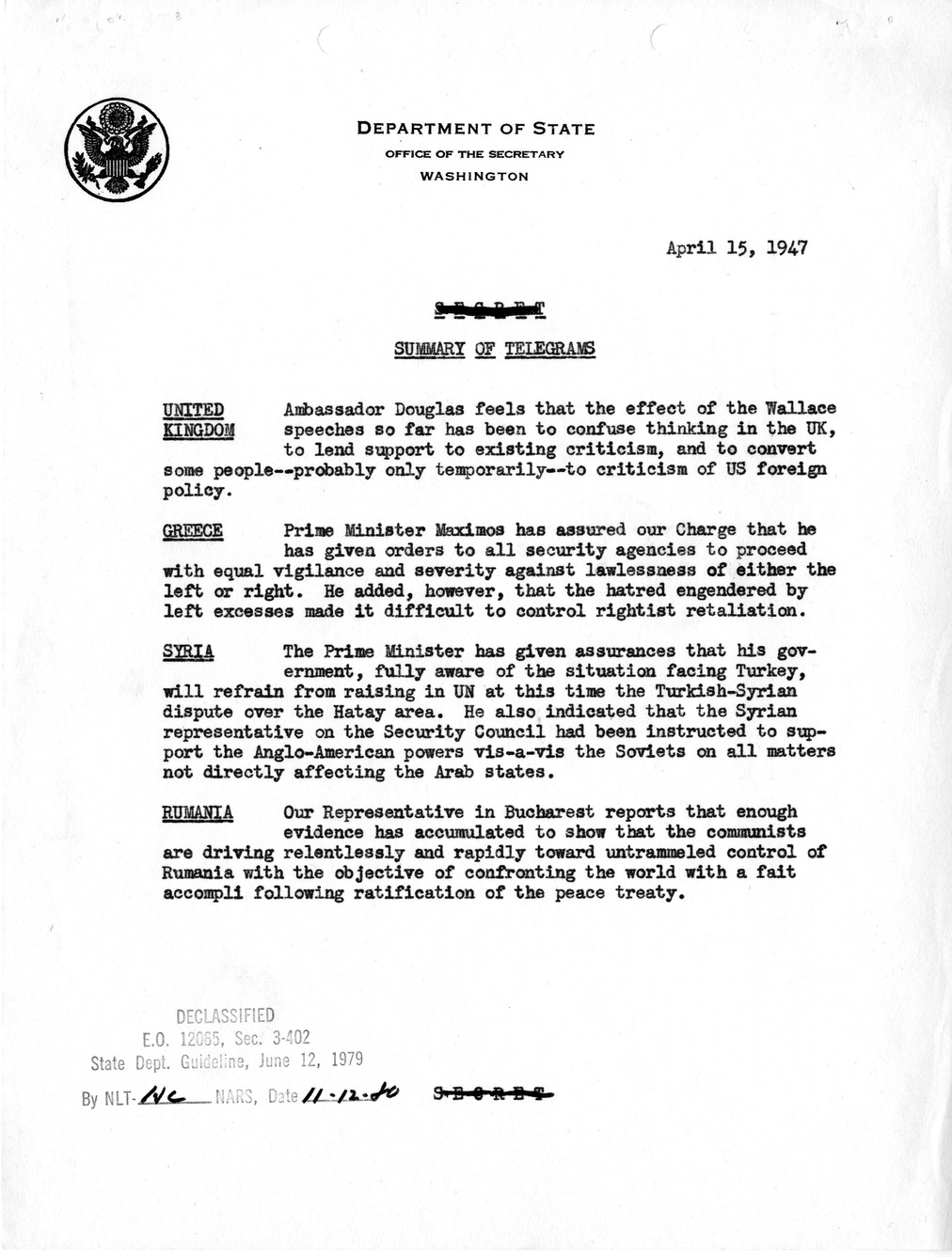 Memorandum, State Department Summary of Telegrams