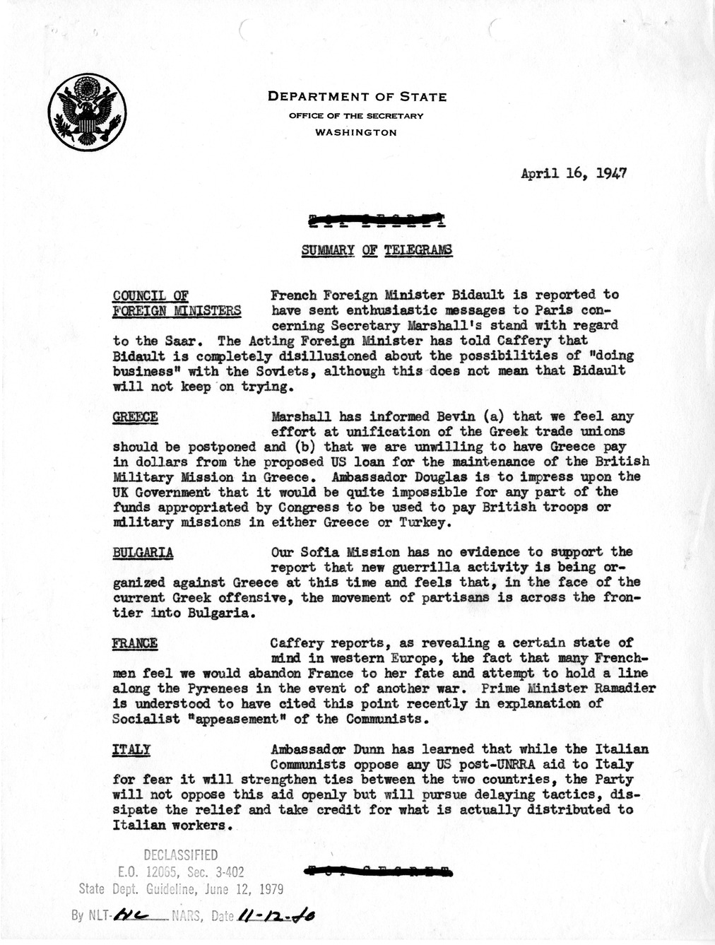 Memorandum, Department of State Summary of Telegrams