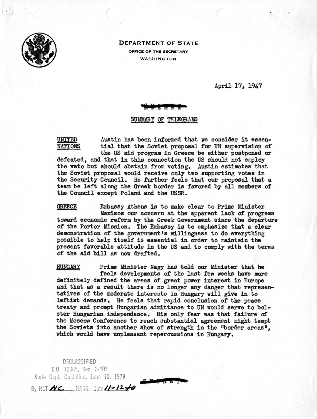 Memorandum, Department of State Summary of Telegrams