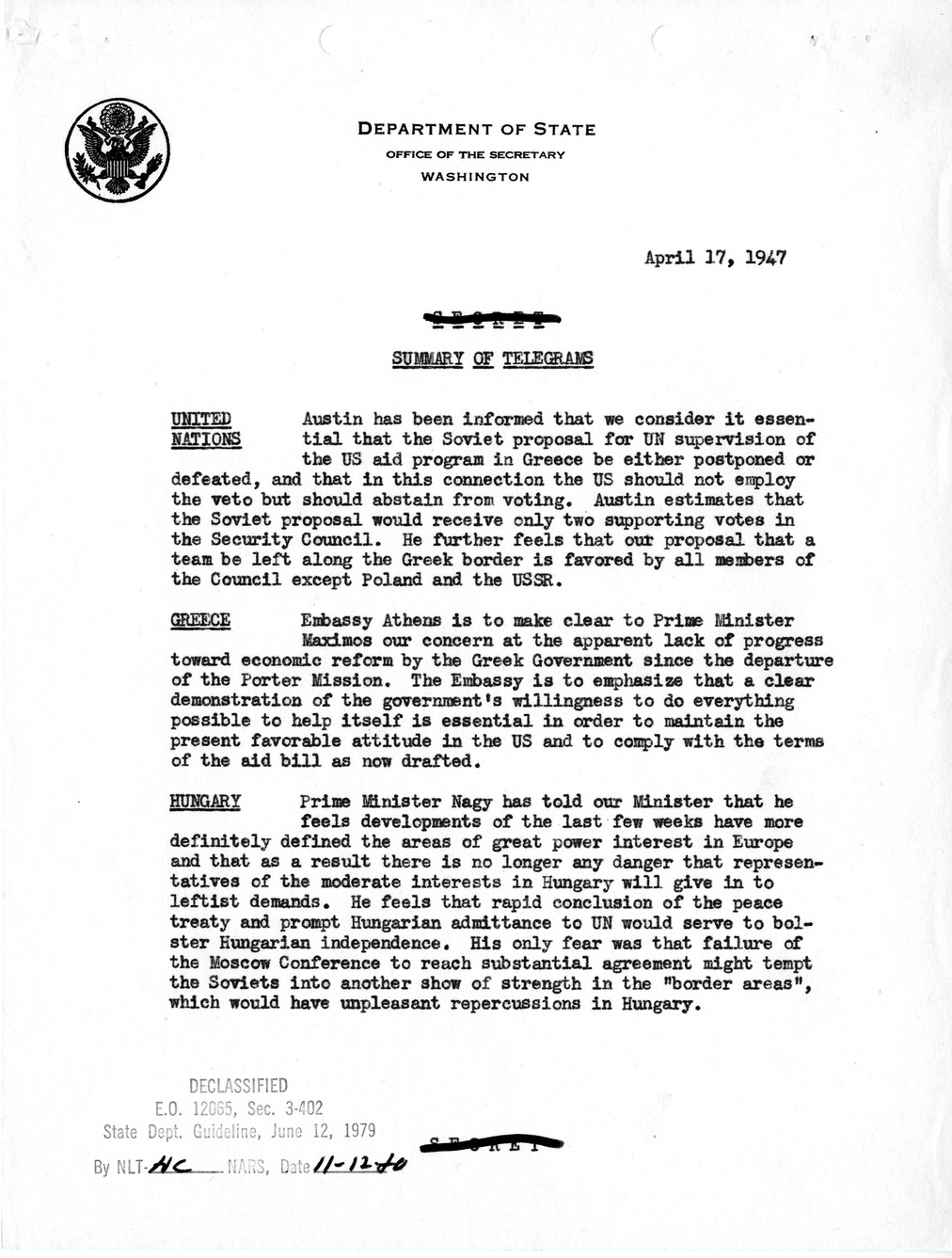 Memorandum, Department of State Summary of Telegrams