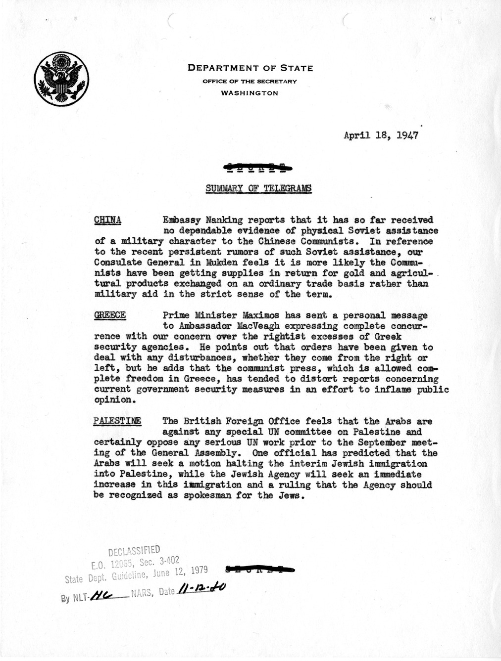 Memorandum, Department of State Summary of Telegrams