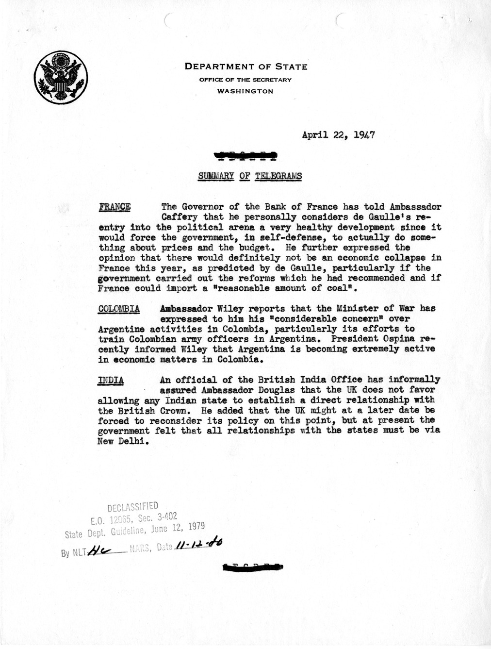 Memorandum, State Department Summary of Telegrams