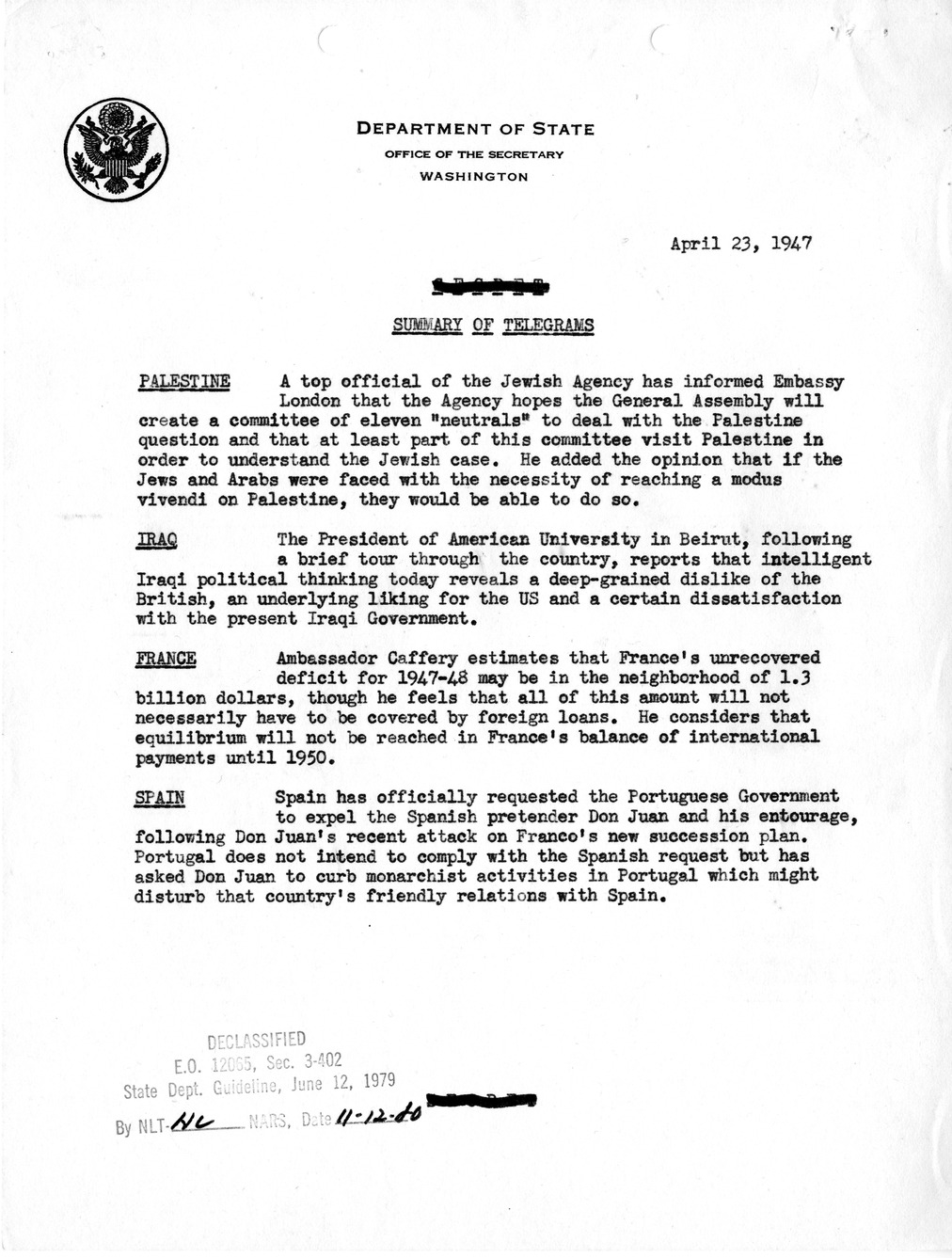 Memorandum, Department of State Summary of Telegrams