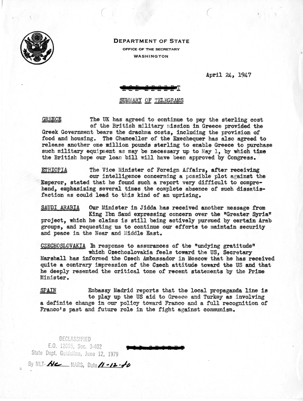 Memorandum, Department of State Summary of Telegrams