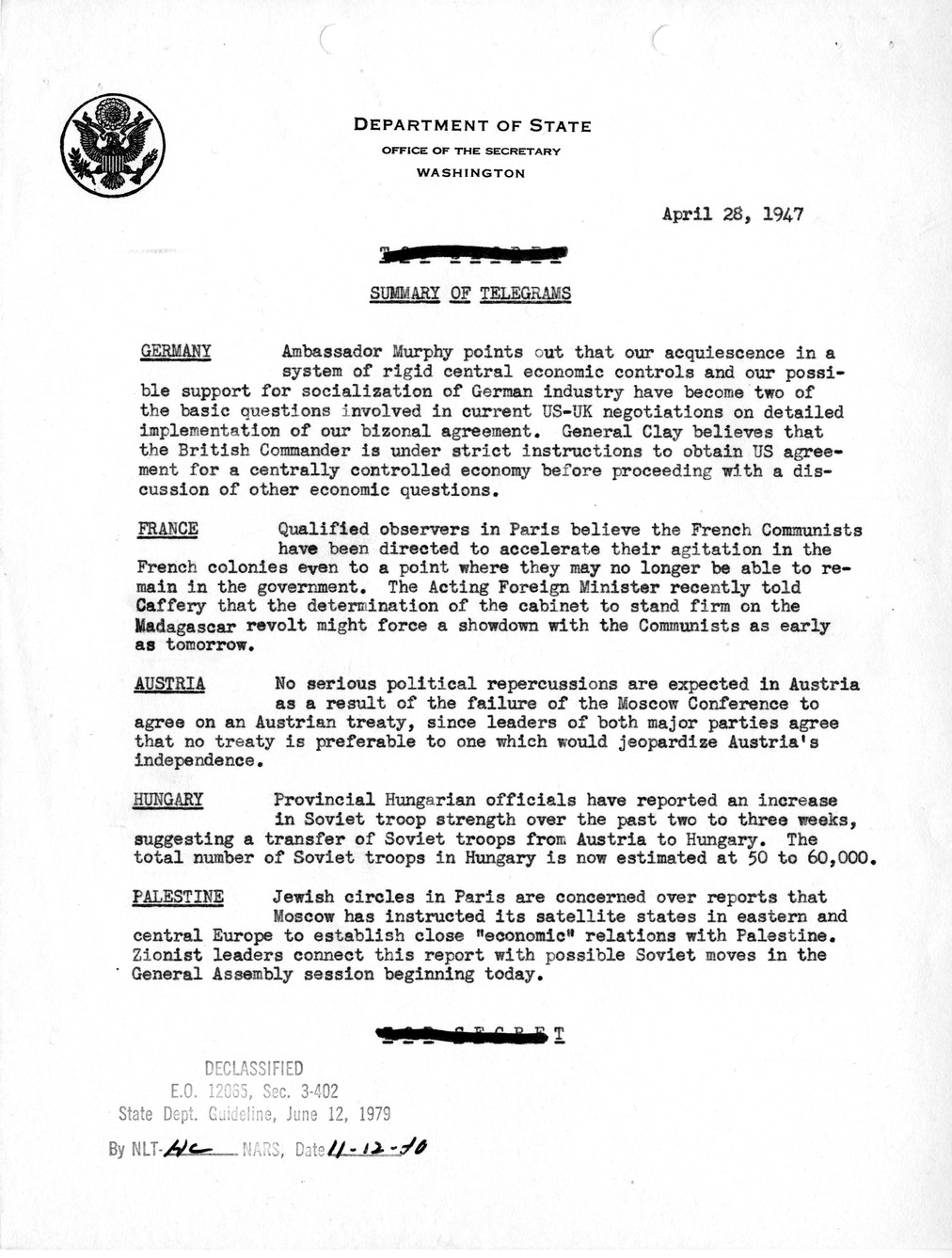 Memorandum, State Department Summary of Telegrams