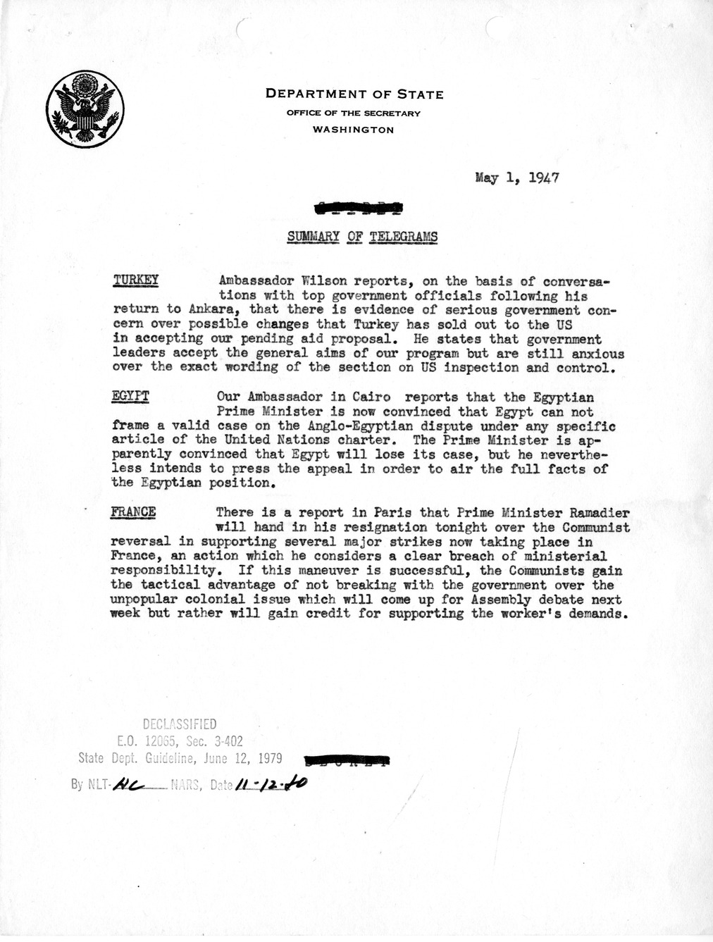 Memorandum, State Department Summary of Telegrams