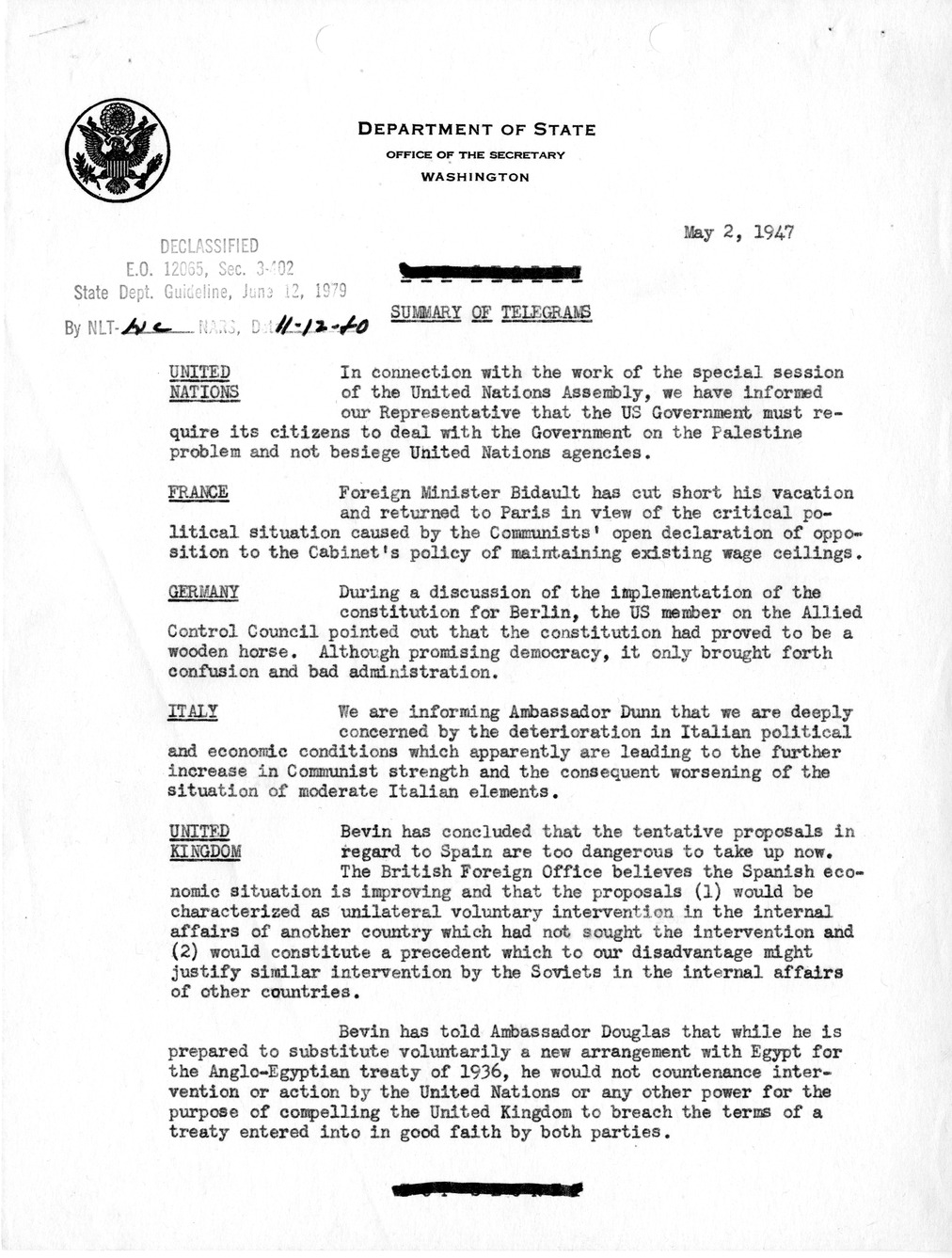 Memorandum, State Department Summary of Telegrams