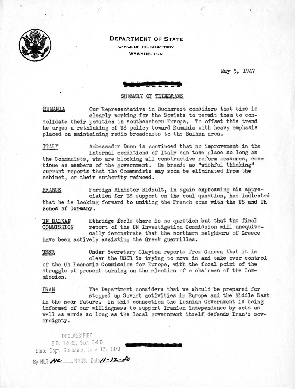 Memorandum, State Department Summary of Telegrams