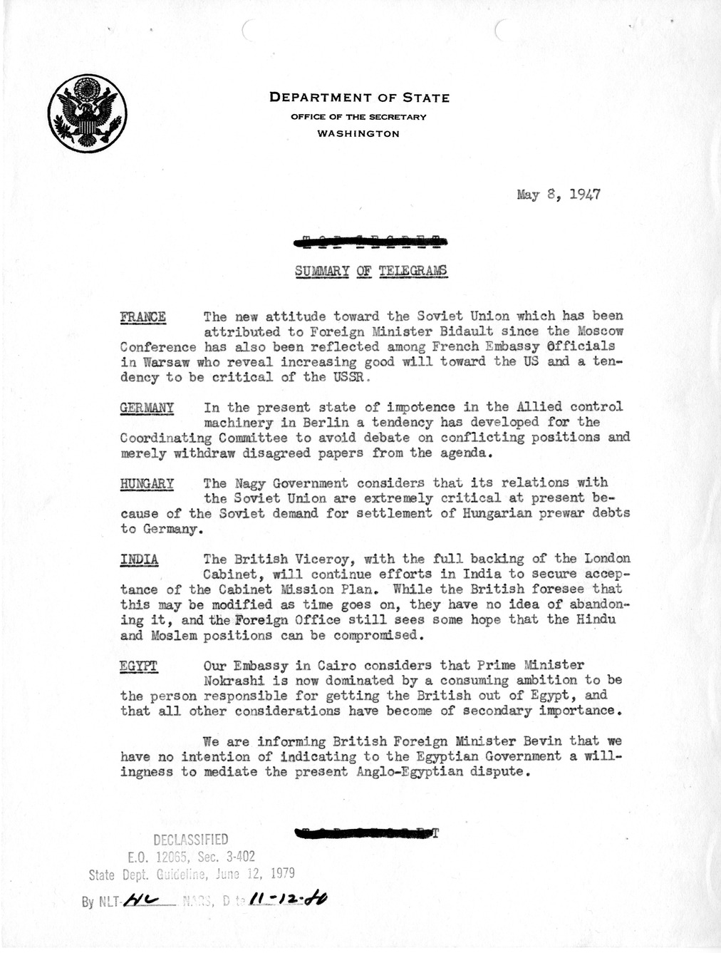 Memorandum, Department of State Summary of Telegrams