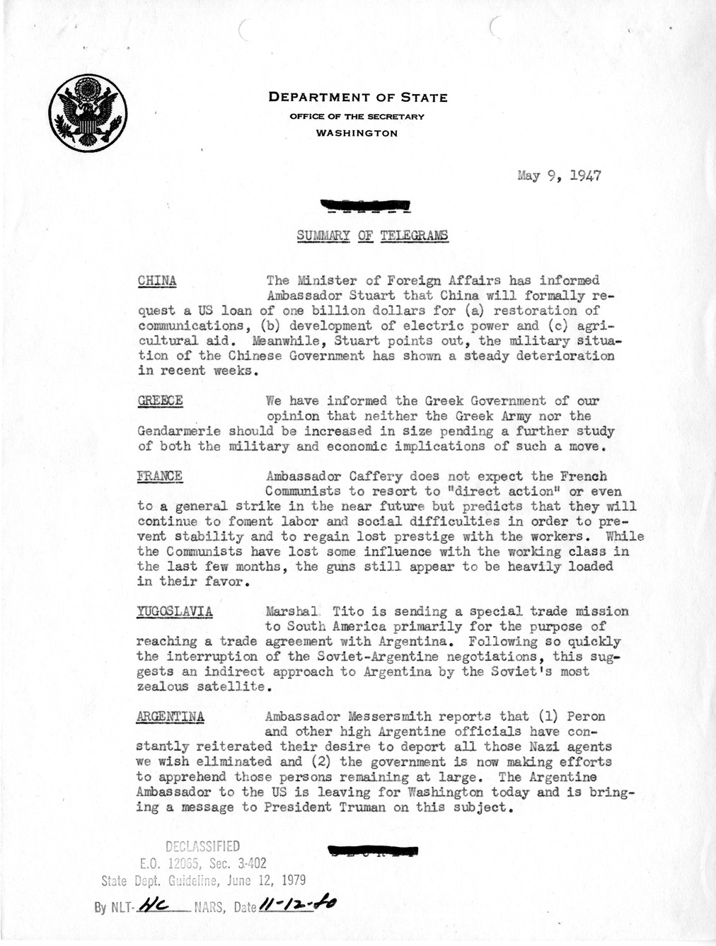 Memorandum, State Department Summary of Telegrams