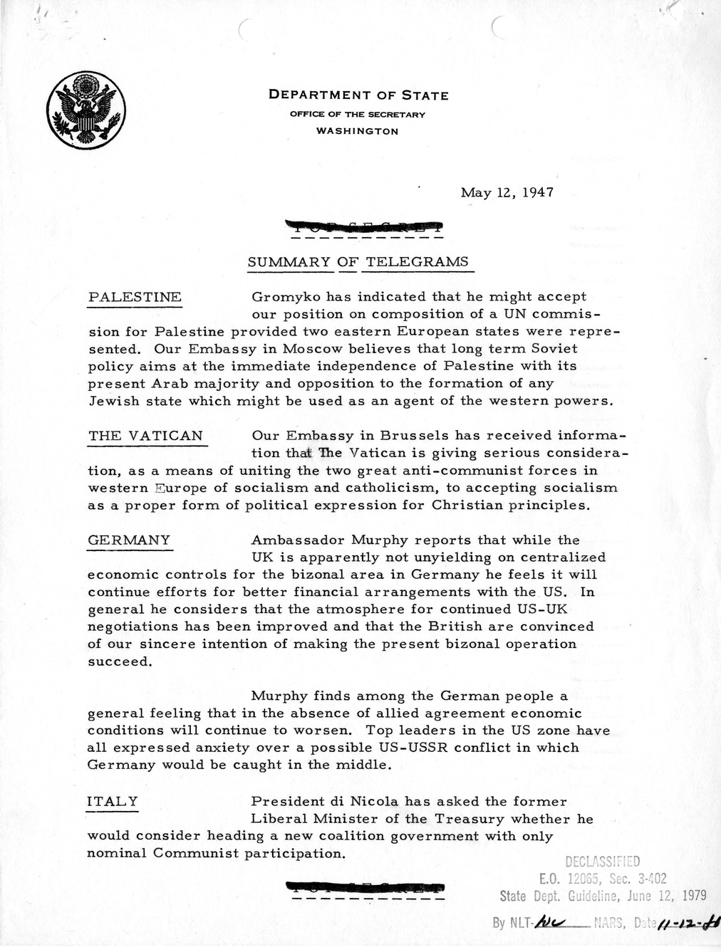 Memorandum, Department of State Summary of Telegrams